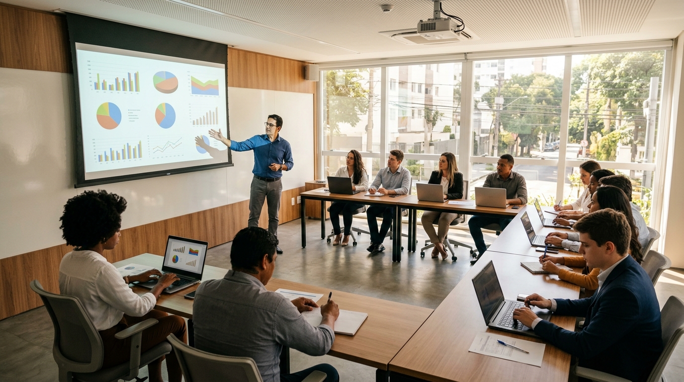 Instrutor apresentando dados em sala de treinamento corporativo