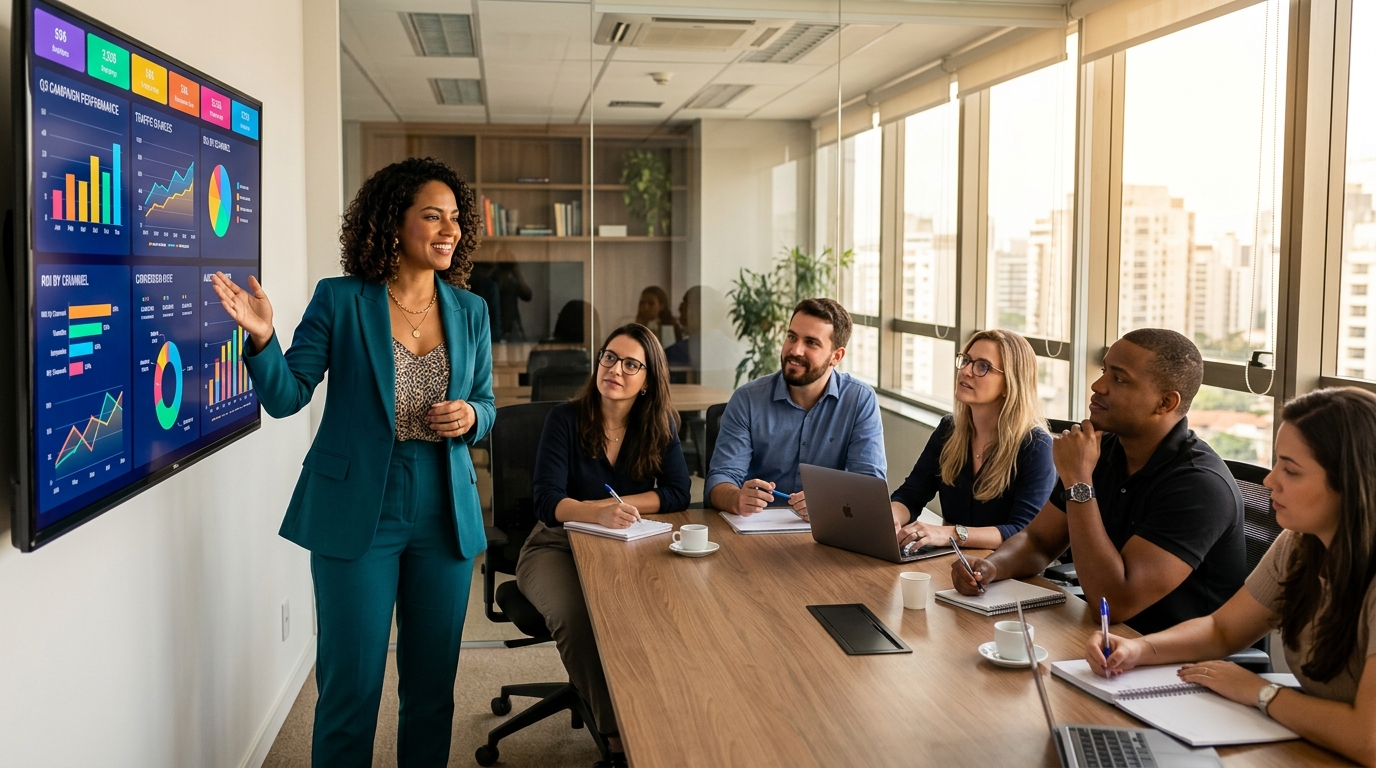 Profissional apresentando dashboards de marketing com confiança para colegas