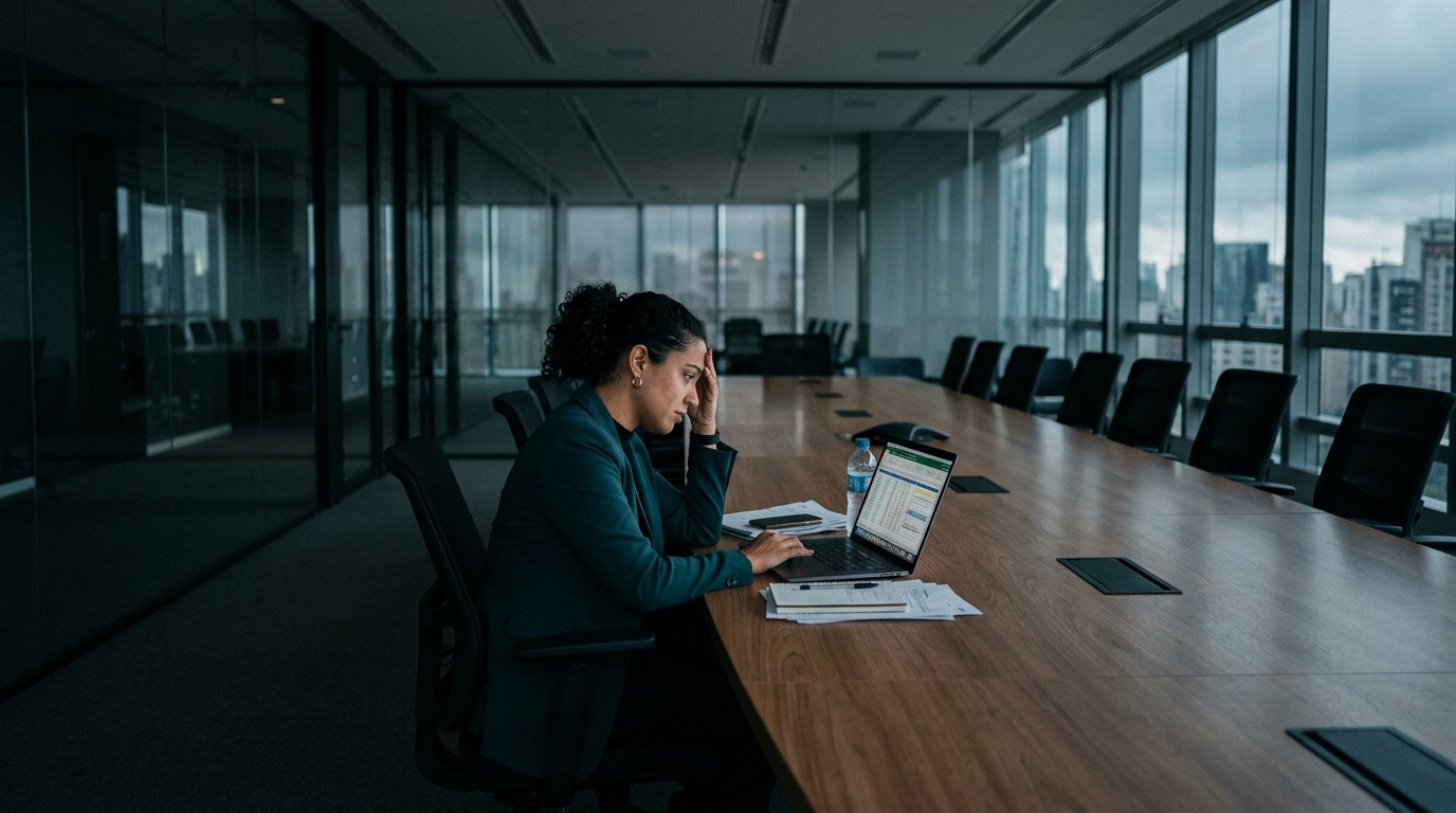 Profissional sozinha em sala de reunião vazia, representando o gap de conhecimento em IA